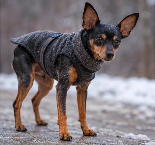 Pinscher preto e caramelo usando casaco escuro durante um passeio em dia frio.