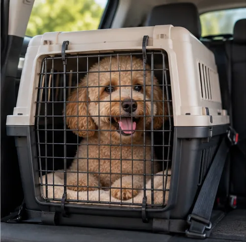 Cachorro Poodle dentro de uma caixa de transporte posicionada no banco traseiro do carro.