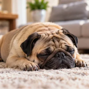 Cachorro da raça Pug descansando de olhos fechados sobre um tapete macio dentro de casa
