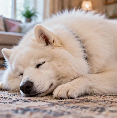Cachorro Samoieda branco dormindo confortavelmente sobre um tapete em casa.