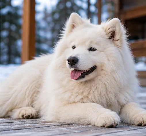 Cachorro da raça Samoieda descansando sem roupa em ambiente frio, com sua pelagem branca e espessa.