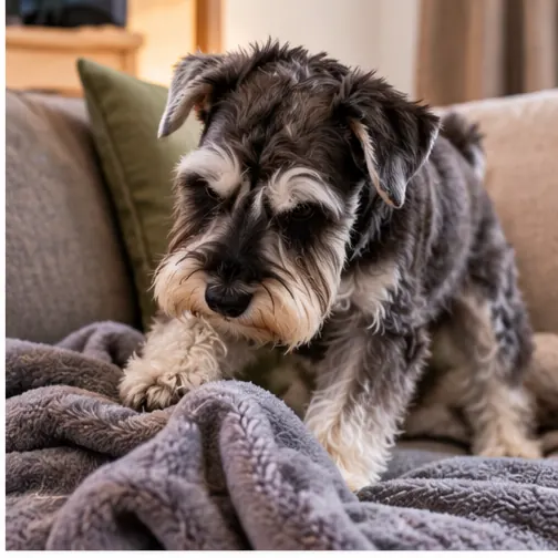 Schnauzer ajeitando a manta.