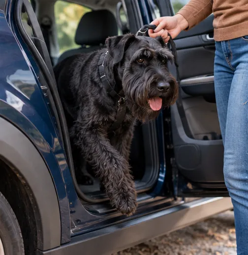 Cachorro Schnauzer sendo acompanhado pelo tutor ao entrar no carro para uma viagem.