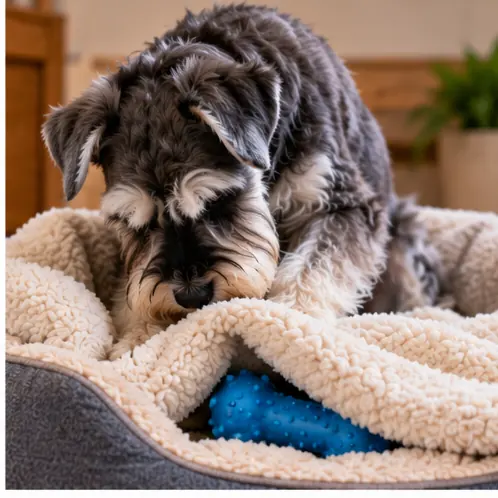Schnauzer escondendo brinquedo na caminha.