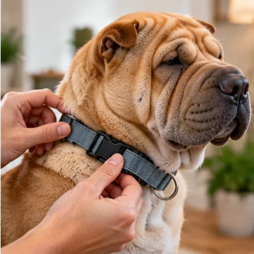 Tutor ajustando cuidadosamente a coleira cinza no pescoço de um cachorro Shar-Pei