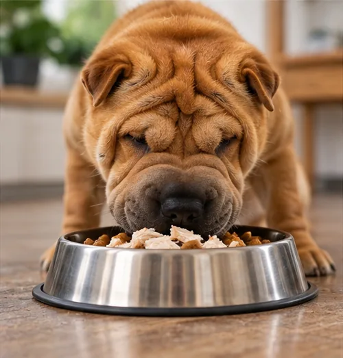 Cachorro Shar-Pei comendo sua refeição em uma tigela de metal.