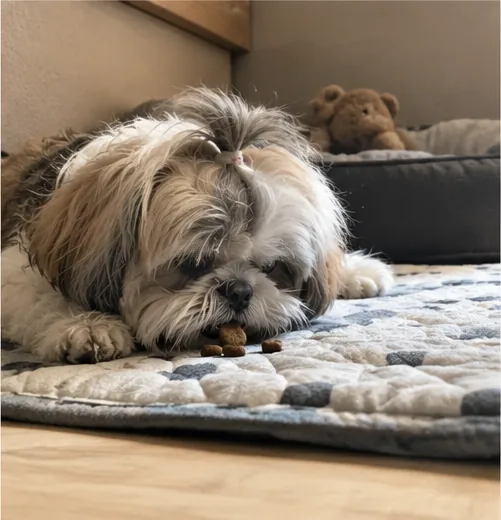Cachorro Shih Tzu deitado sobre tapete enquanto come grãos de ração fora do pote