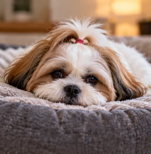 Shih Tzu deitado em uma caminha aconchegante, descansando com a cabeça apoiada.