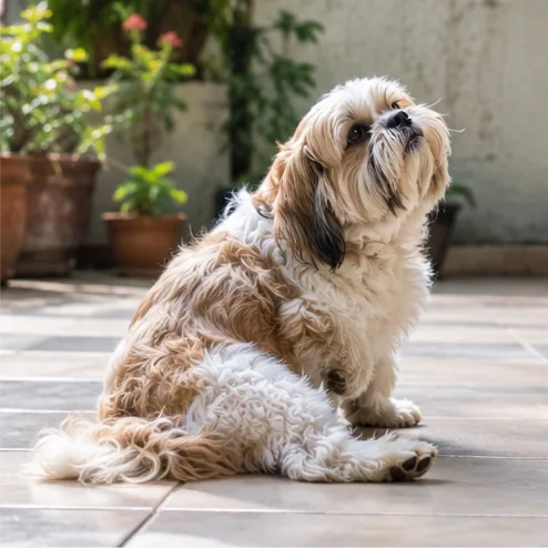 Cachorro Shih Tzu sentado no piso de um quintal, com plantas ao fundo.