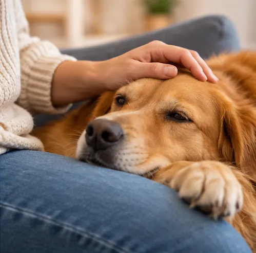 Cachorra com sinais de gestação recebendo carinho na cabeça enquanto descansa perto de sua tutora.