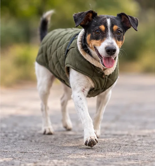Terrier brasileiro usando casaco verde durante passeio ao ar livre.