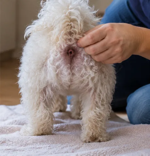 Tutor examinando delicadamente a região anal de cachorro branco de pelos longos