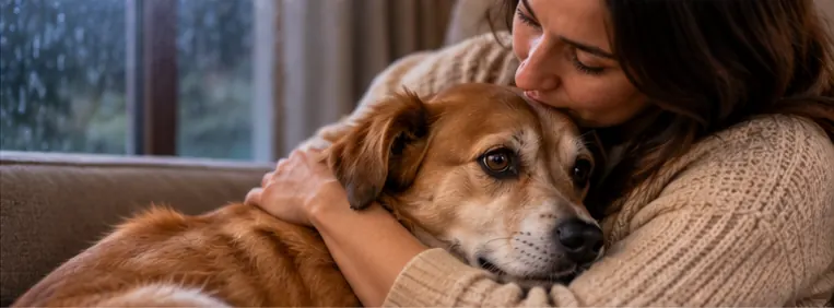 Tutora abraçando com delicadeza seu cachorro durante um dia de chuva, para ele não ter medo de trovão
