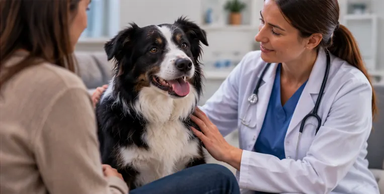Veterinária conversando com tutora e examinando um cachorro border collie em consultório.