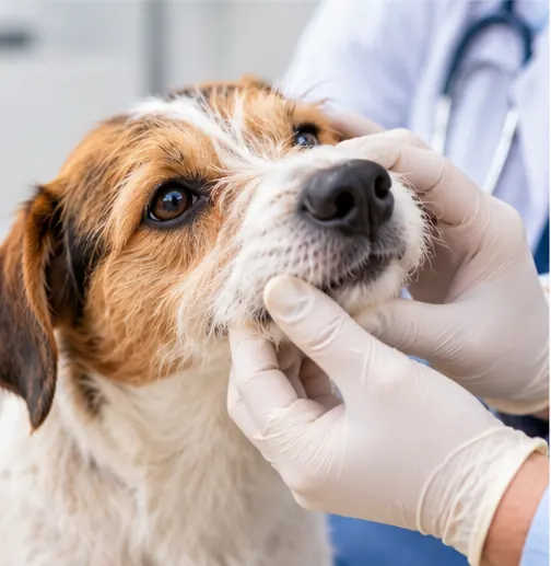 Profissional veterinário examinando delicadamente o focinho de um cachorro.