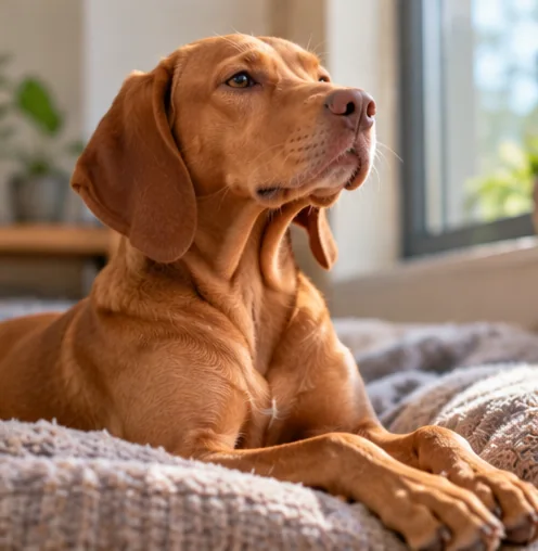 Cachorro Vizsla deitado sobre uma manta, observando a janela em um ambiente tranquilo.