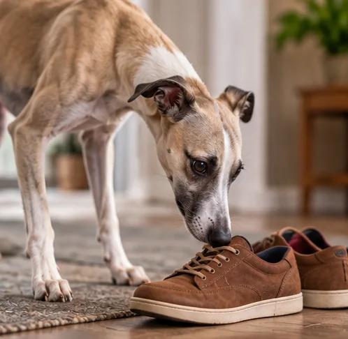 Whippet cheirando um par de sapatos marrons no chão de casa.